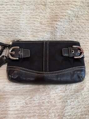 Coach Black Canvas & Leather Wristlet Clutch with Buckle Accents